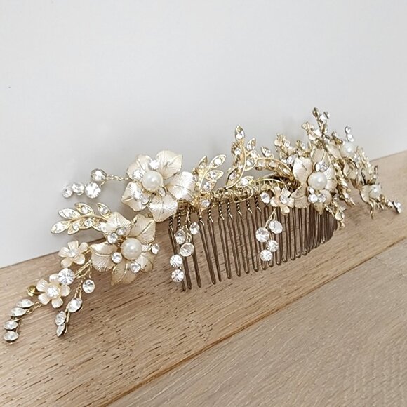 Gold Flower Woodland Pearl Wedding Tiara Hand Made Bridal Hair Piece Tessa Kim main image 9